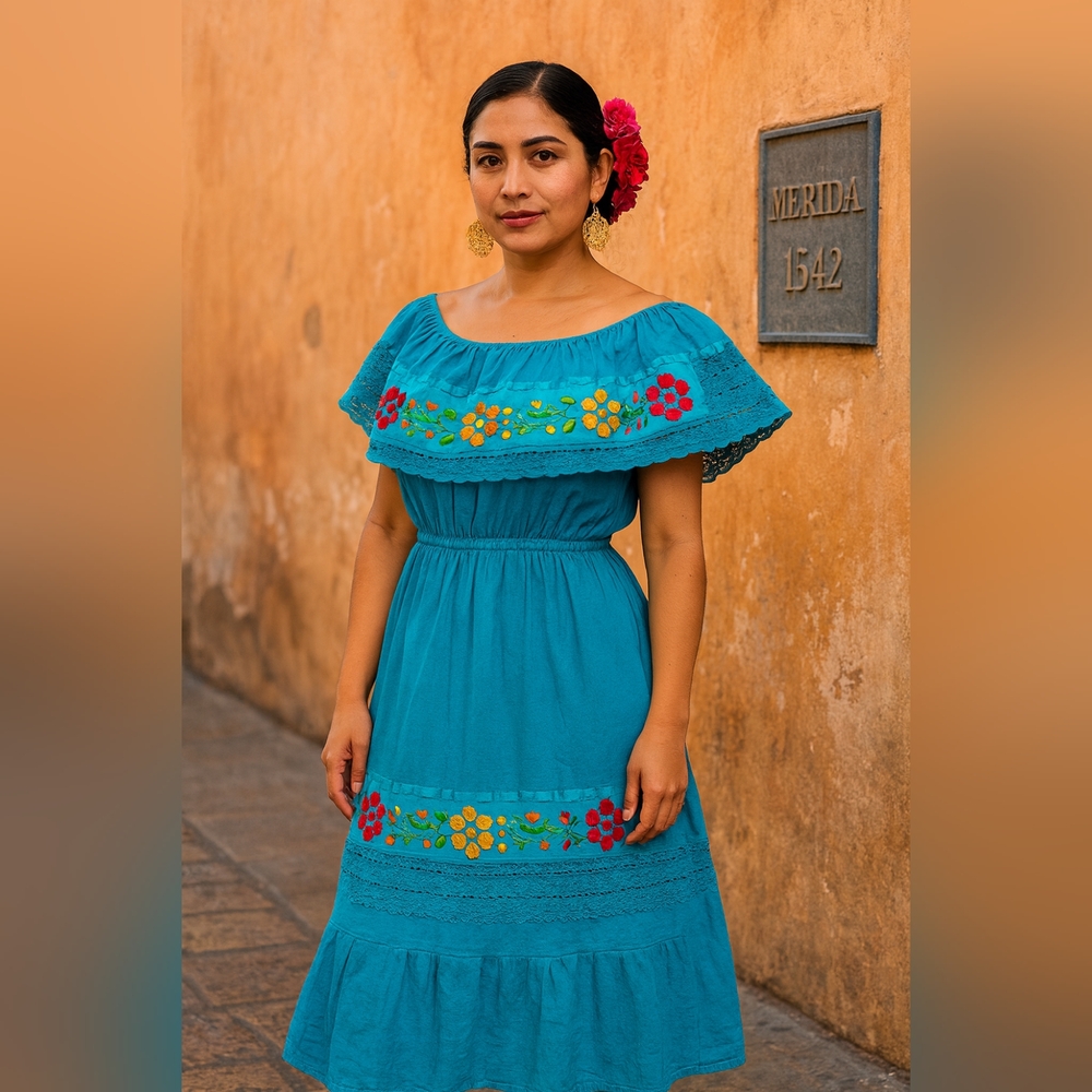 Embroidered Teal Off-Shoulder Dress